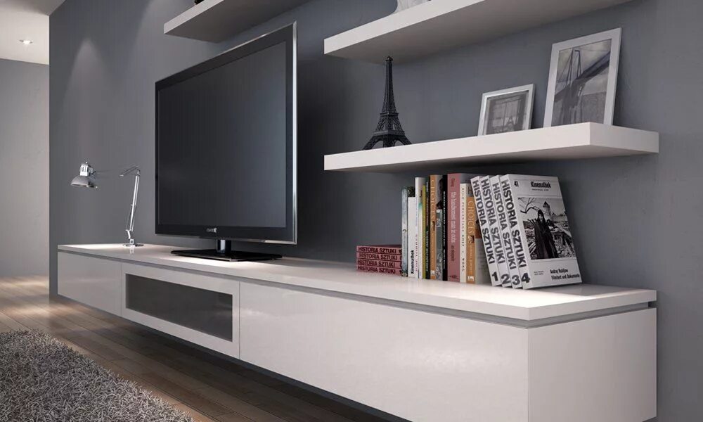 Подвесная тумба в интерьере гостиной twelve Contemporary Ideas For Wall Decorations Floating shelves entertainment ce