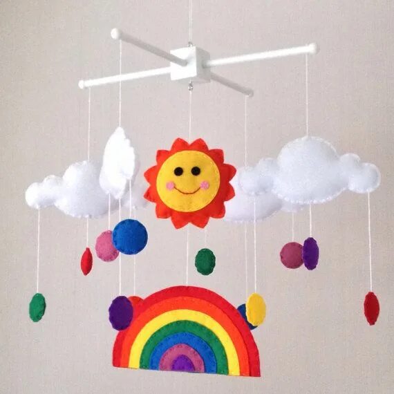 Подвесное оформление в детском саду Rainbow baby mobile - Cot mobile - Sun, rainbow and multicoloured raindrops Baby