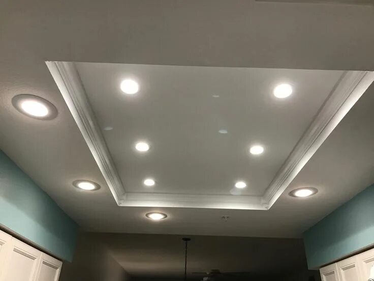 Подвесной потолок фото Remodeled fluorescent dome light in condo kitchen. Six 3.5 inch LED lights in ce