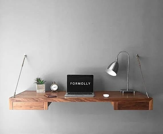 Подвесной стол фото Floating Desk With Storage - Walnut - Wall Mounted Desk - Wall Desk - Industrial