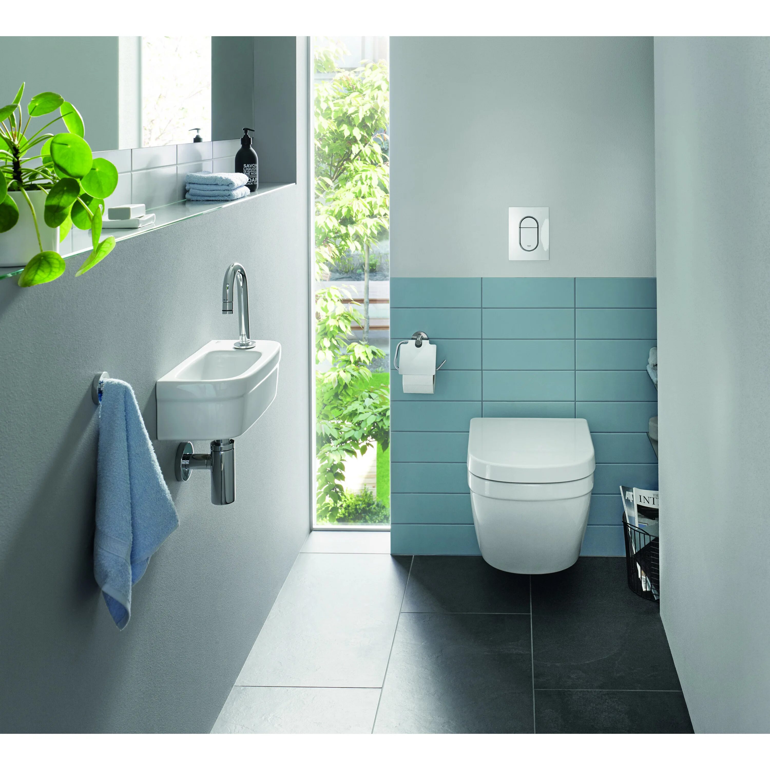 Подвесной унитаз в интерьере ванной Унитаз подвесной Grohe Euro Ceramic 39206000 Triple Vortex безободковый - купить