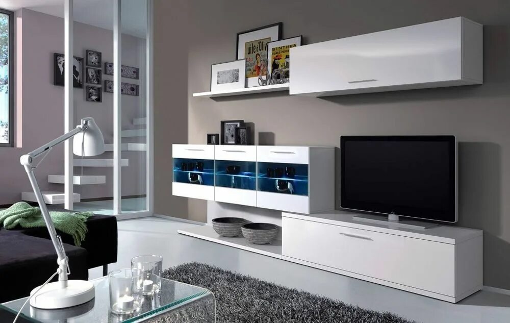 Подвесные гостиные в современном стиле фото Alessia Living Room Furniture Set TV Media Full Wall Unit Melamine White Gloss A