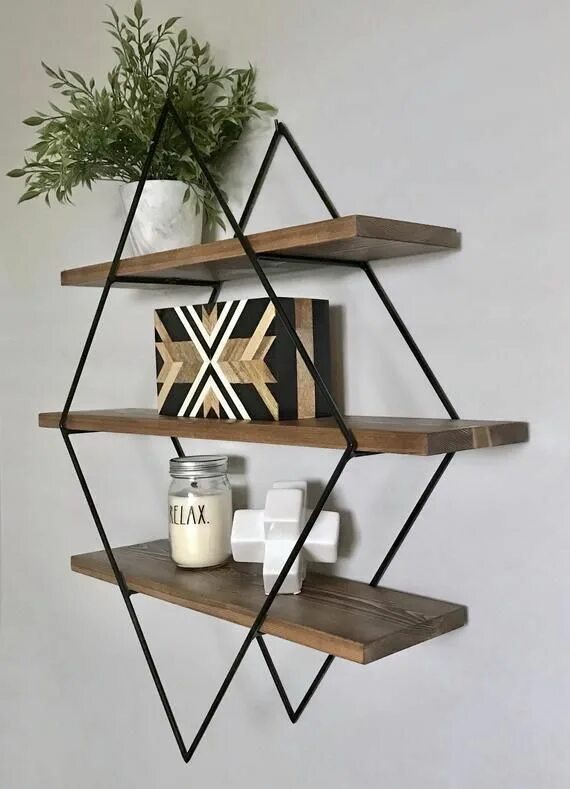 Подвесные полки в стиле лофт Custom Diamond Shelf Geometric Floating Shelf Handmade Wood & Metal Wall Decor #