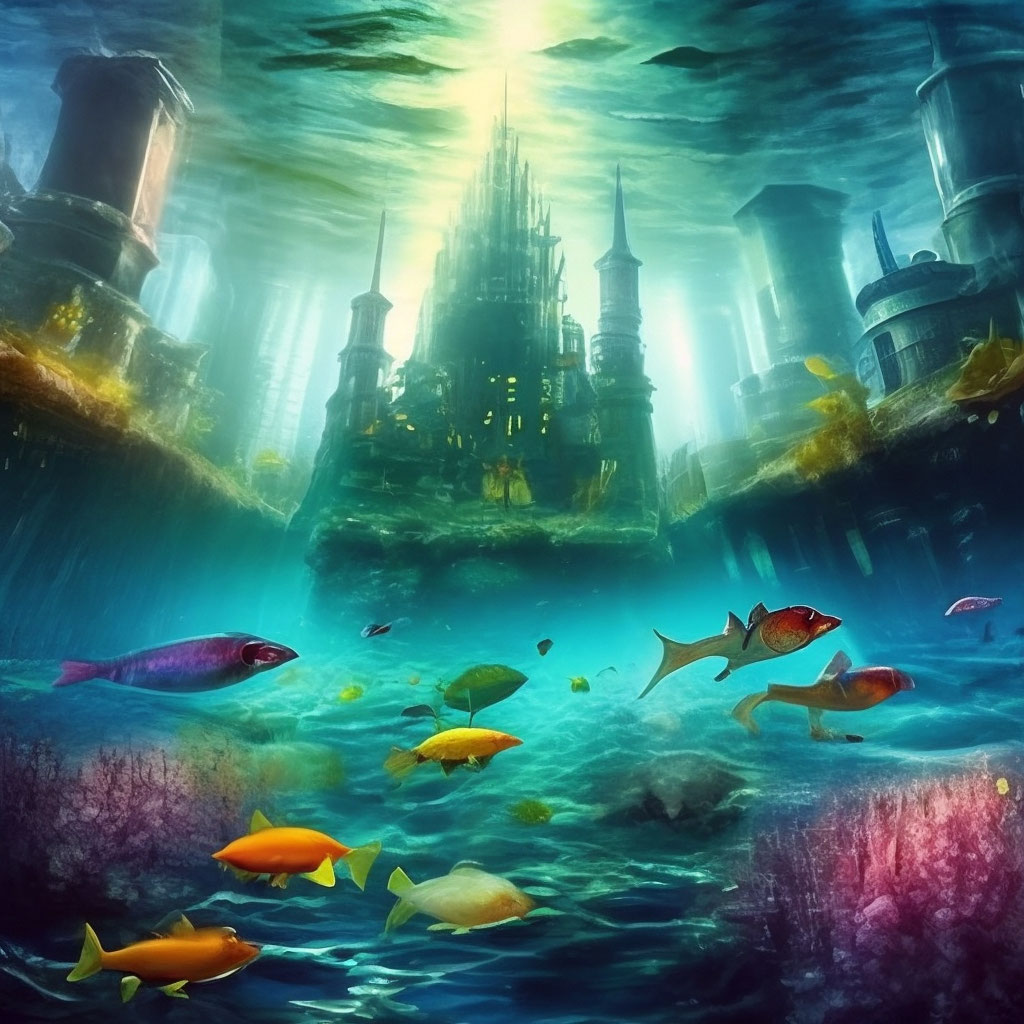 Подводный город как выглядит "A ghostly underwater city at the ." - image created in Shedevrum