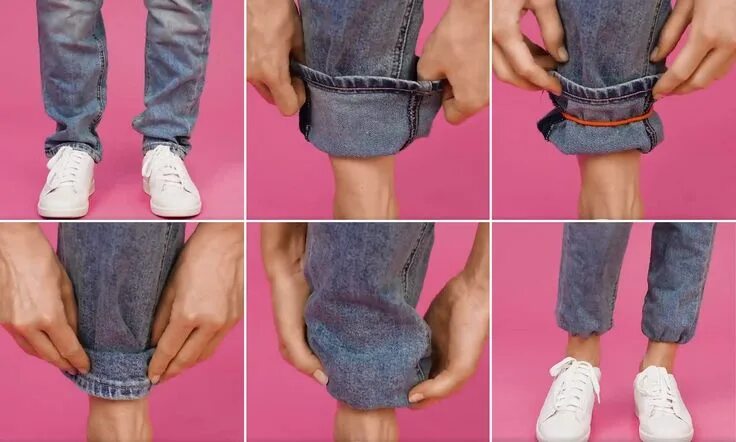 Подвороты фото джинсы Clothing hack reveals how to turn up your jeans using a hair tie Rolled up jeans