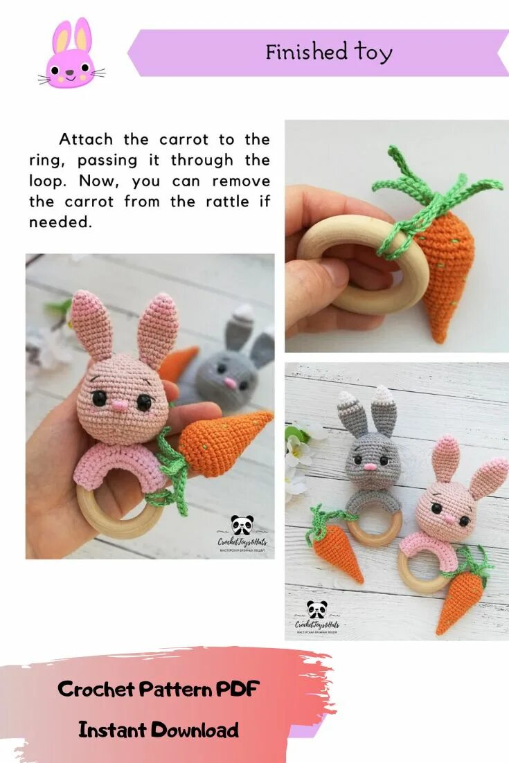 Погремушка крючком схема Amigurumi Crochet pattern rattle, teething ring bunny, baby toy pattern Погремуш