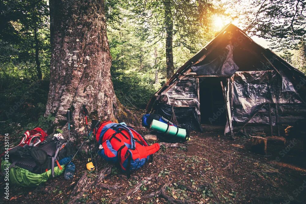 Походы в лесу фото Backpacks and abandoned house camping outdoor Travel Lifestyle hiking equipment 