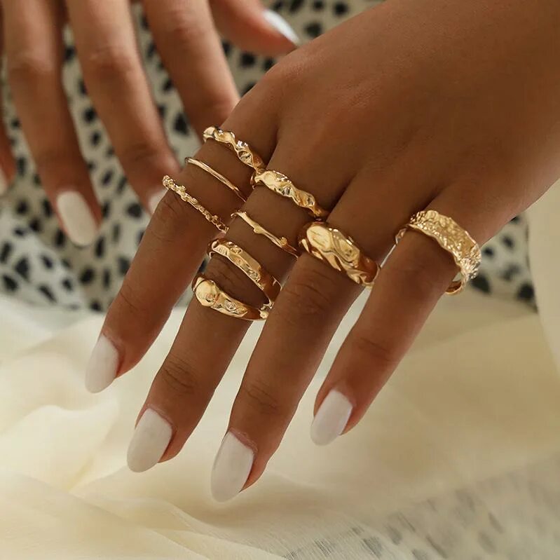 Поиск кольца по фото 9 Pcs Geometric Crystal Rings For Women Gold Color Wedding Ring Set Female Girls