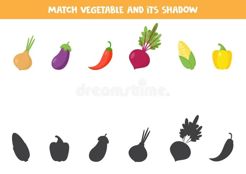 Поиск овоща по фото Find the Correct Shadow of Vegetables. Set of Healthy Products Stock Vector - Il