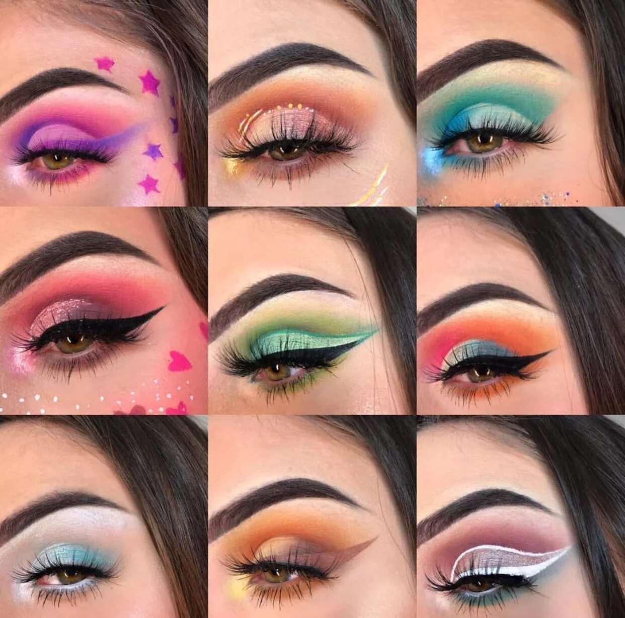 Показать как делают красивый макияж Bold Eye looks Colorful Eyeshadow Looks Blue Purple Green Orange Brown Pink Eyes