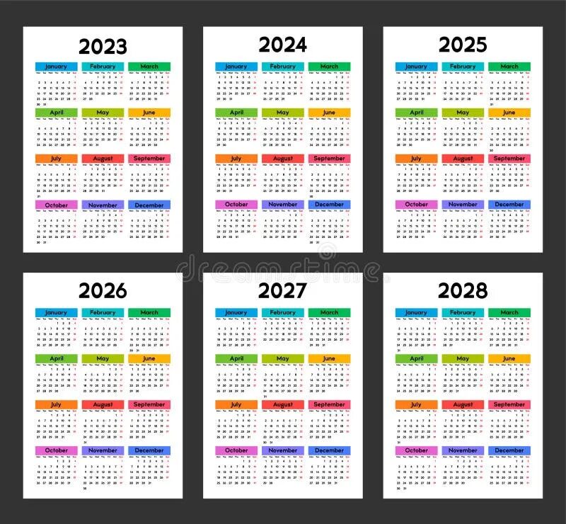 Показать календарь на 2025 год Calendar 2023, 2024, 2025, 2026, 2027, 2028, Week Starts on Monday, Basic Templa