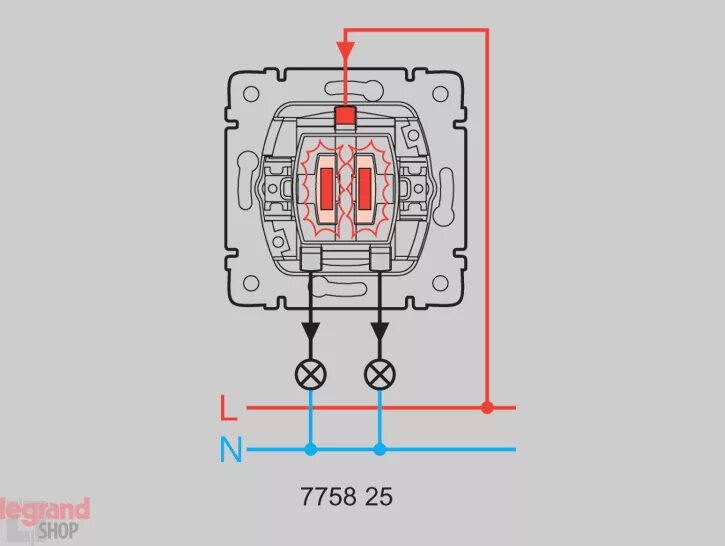 Показать схему подключения двойного выключателя с подсветкой 775825 Galea Life. Выключатель с подсветкой 2-клавишный легранд галея лайф купит