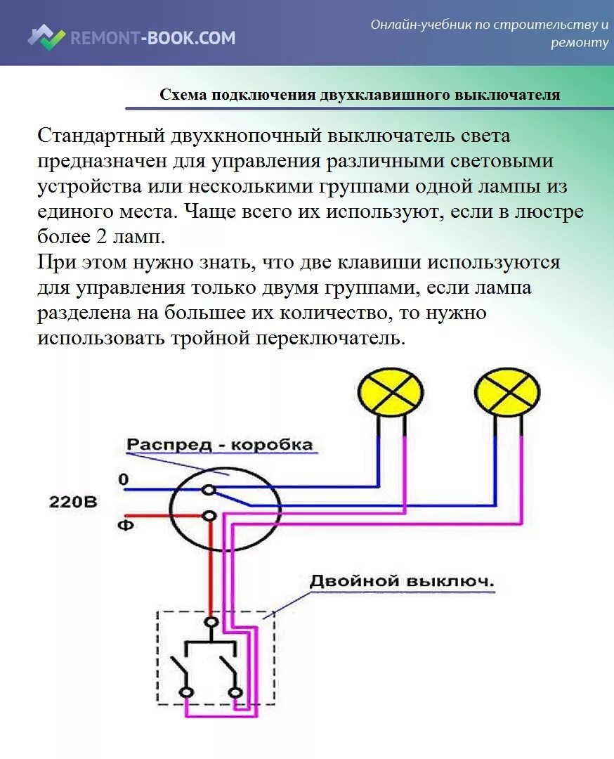 Показать схему подключения двухклавишного выключателя Подключение электричества светильников