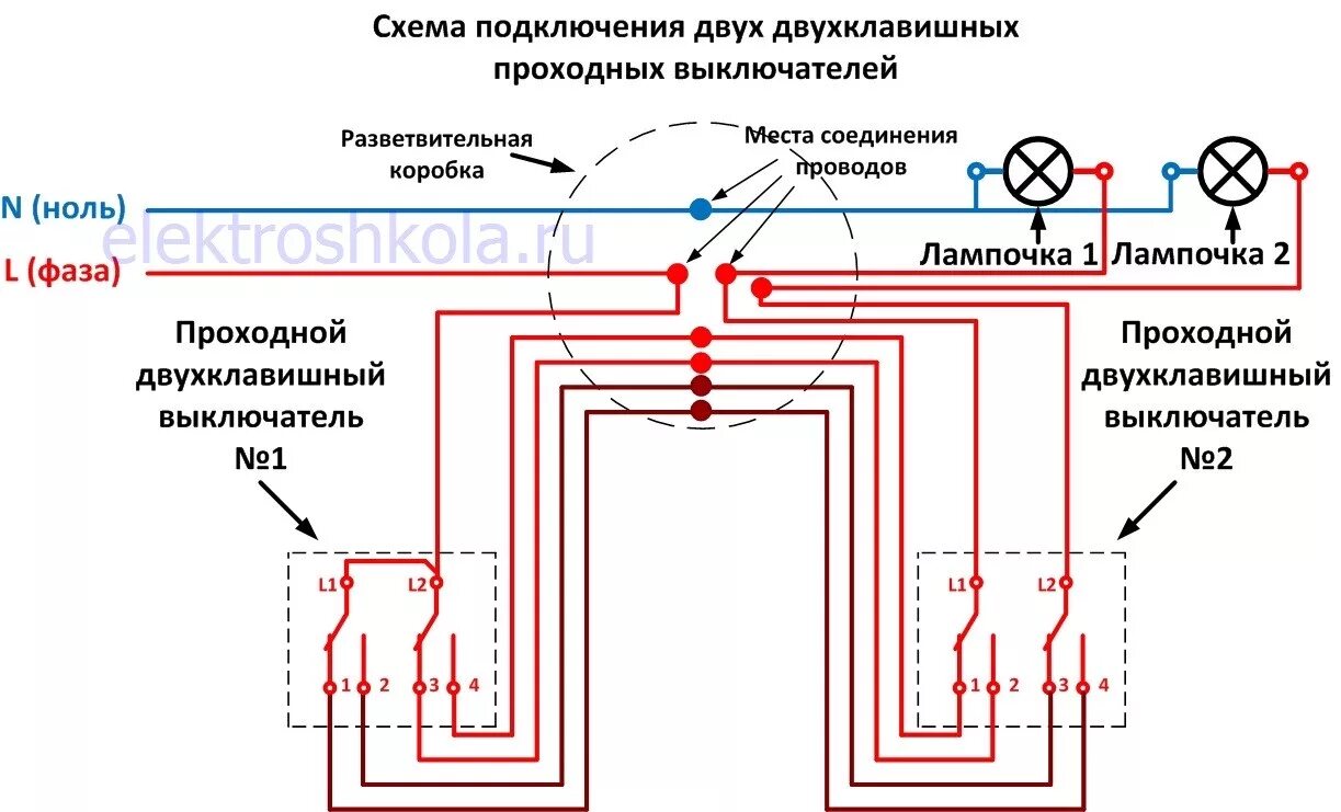 Показать схему подключения двухклавишного выключателя Подключение проходных и перекрестных выключателей