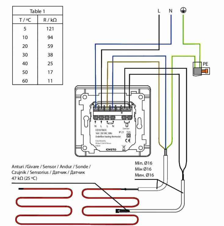 Показать схему подключения теплого пола ECO16TOUCH Сенсорный терморегулятор для электрических теплых полов в КАПРО