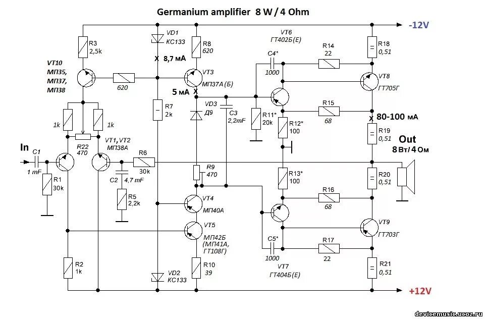 Показать схему усилителя Схема унч на германиевых транзисторах: Самодельный УНЧ на германиевых транзистор