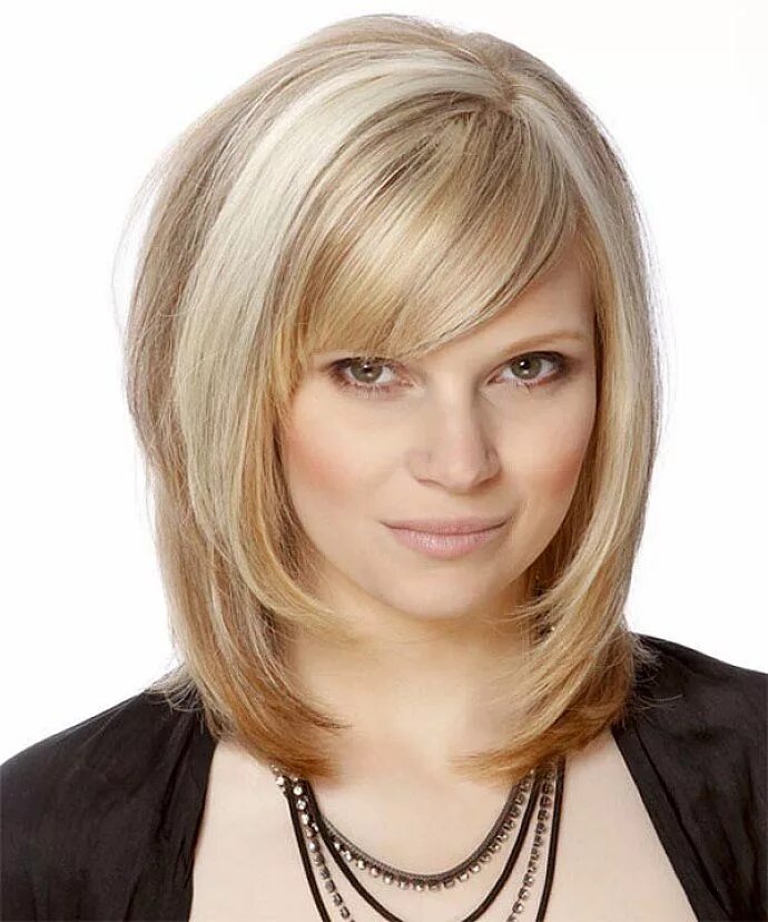 Показать стрижки на средние волосы фото Best-Highlight-Medium-Blonde-Hair-with-Side-Swept-Bangs-and-Long-Bob-Hairstyles-