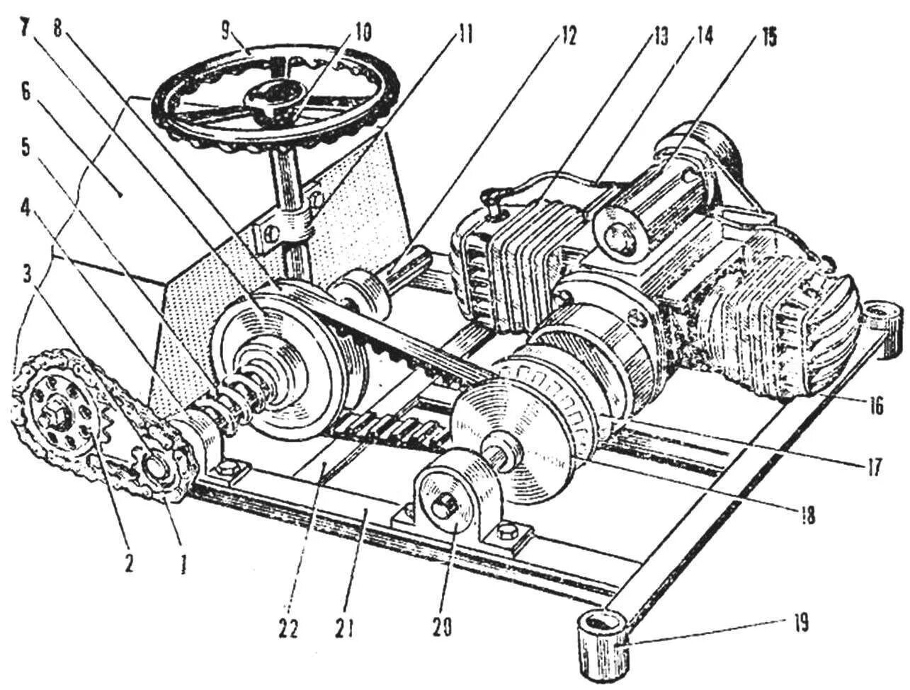 Показать трансмиссию самодельного гусеничного трактора MOTOMACHI: IDEAS AND DESIGNS MODEL CONSTRUCTION