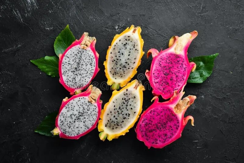 Покажи фото драгон фрукта Fresh Dragon Fruit on a Black Background. Tropical Fruits. Top View Stock Image 