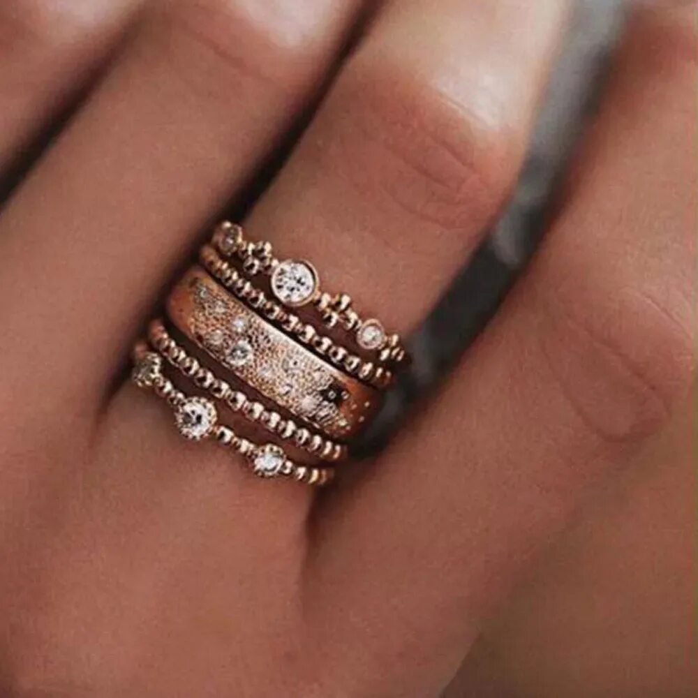 Покажи фото кольца 5pcs/lot Punk Style Rose Gold Stackable Ring Midi Finger Knuckle Rings Sparkly B