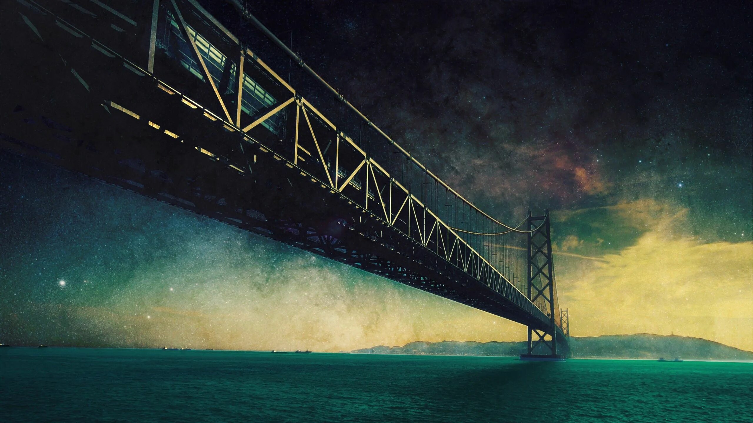 Покажи фото моста Download wallpaper 2560x1440 bridge, sea, sky, night widescreen 16:9 hd backgrou