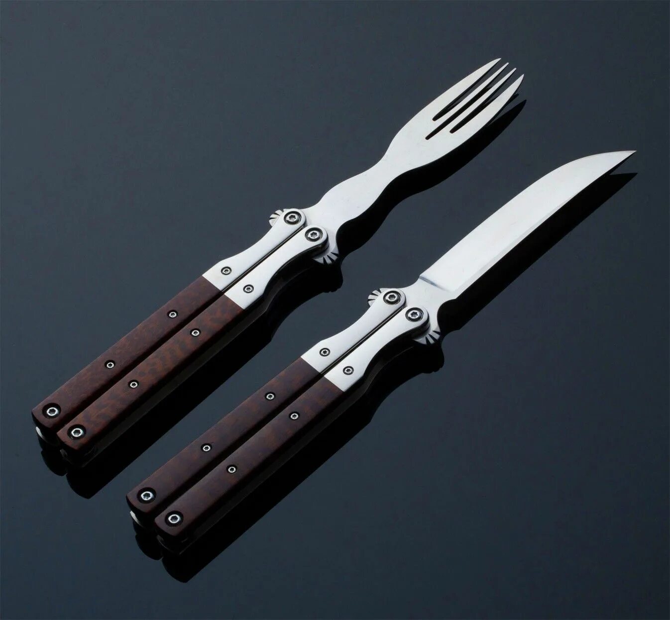 Покажи фото нож бабочки Snakewood Balisong Cutlery Set handmade by Terry Guinn Eatingtools.com Cutlery s