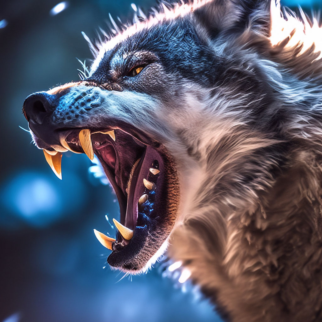 Покажи фото ужасного волка "Werewolf, vicious wolf,grin,big fangs." - image created in Shedevrum