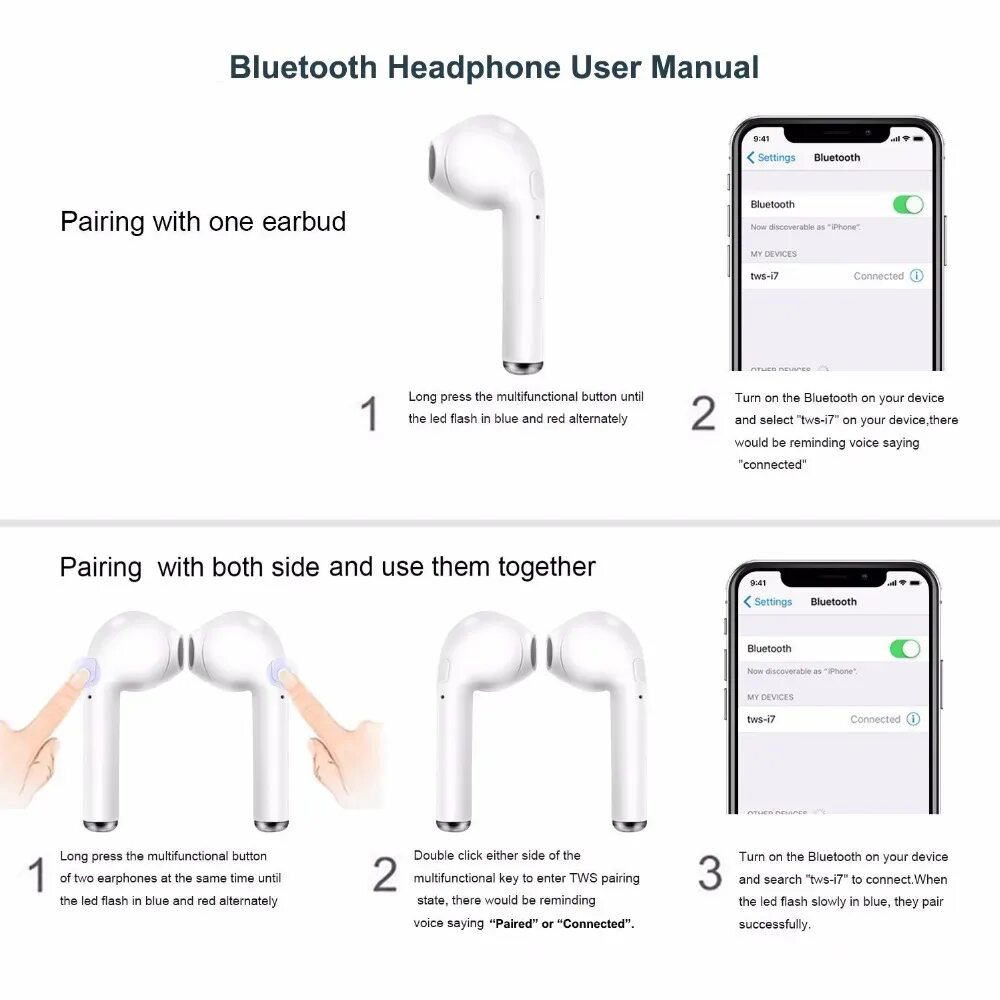 Покажи как подключать беспроводные наушники Беспроводные Bluetooth-наушники i7s, гарнитура TWS Twins, стереонаушники с микро