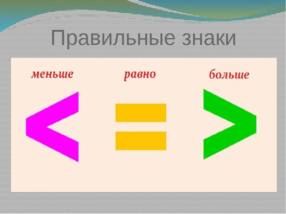 Покажи как выглядит знак больше Знаки равенства 1 класс математика