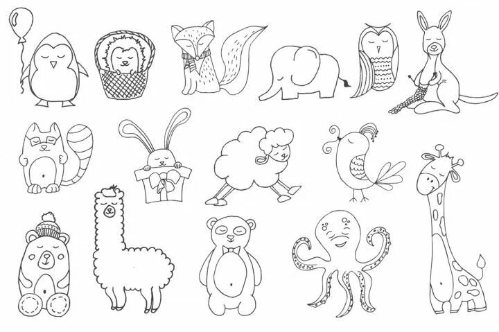 Покажи картинки животных нарисованные Cute animals Hand drawn doodle Vector Set By EvgeniiasArt TheHungryJPEG How to d