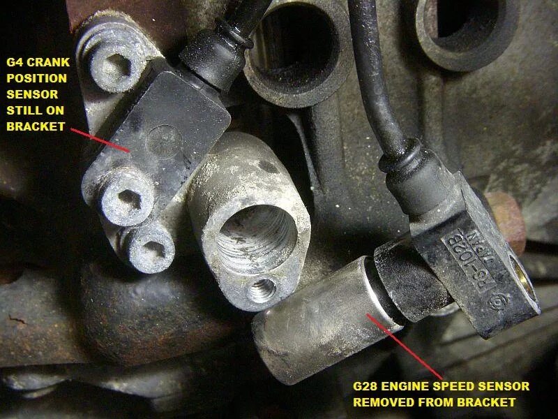 Покажи на фото какой датчик G4 Crank Position Sensor and G28 Engine Speed Sensor Maintenance