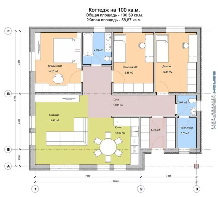 Покажи планировку домов одноэтажных Коттедж на 100 кв.м., hq-design homify Planos de casas economicas, Casas, Planos