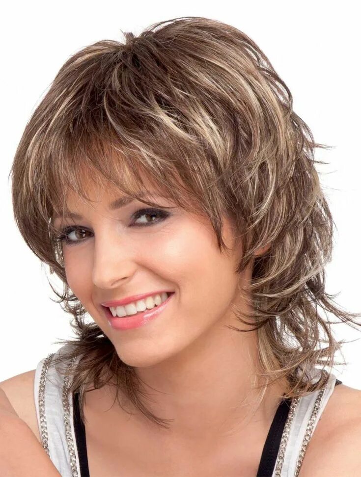 Покажи прическу каскад на короткие волосы Brown Wavy Shoulder Length Synthetic Wigs Hairstyles for thin hair, Medium hair 