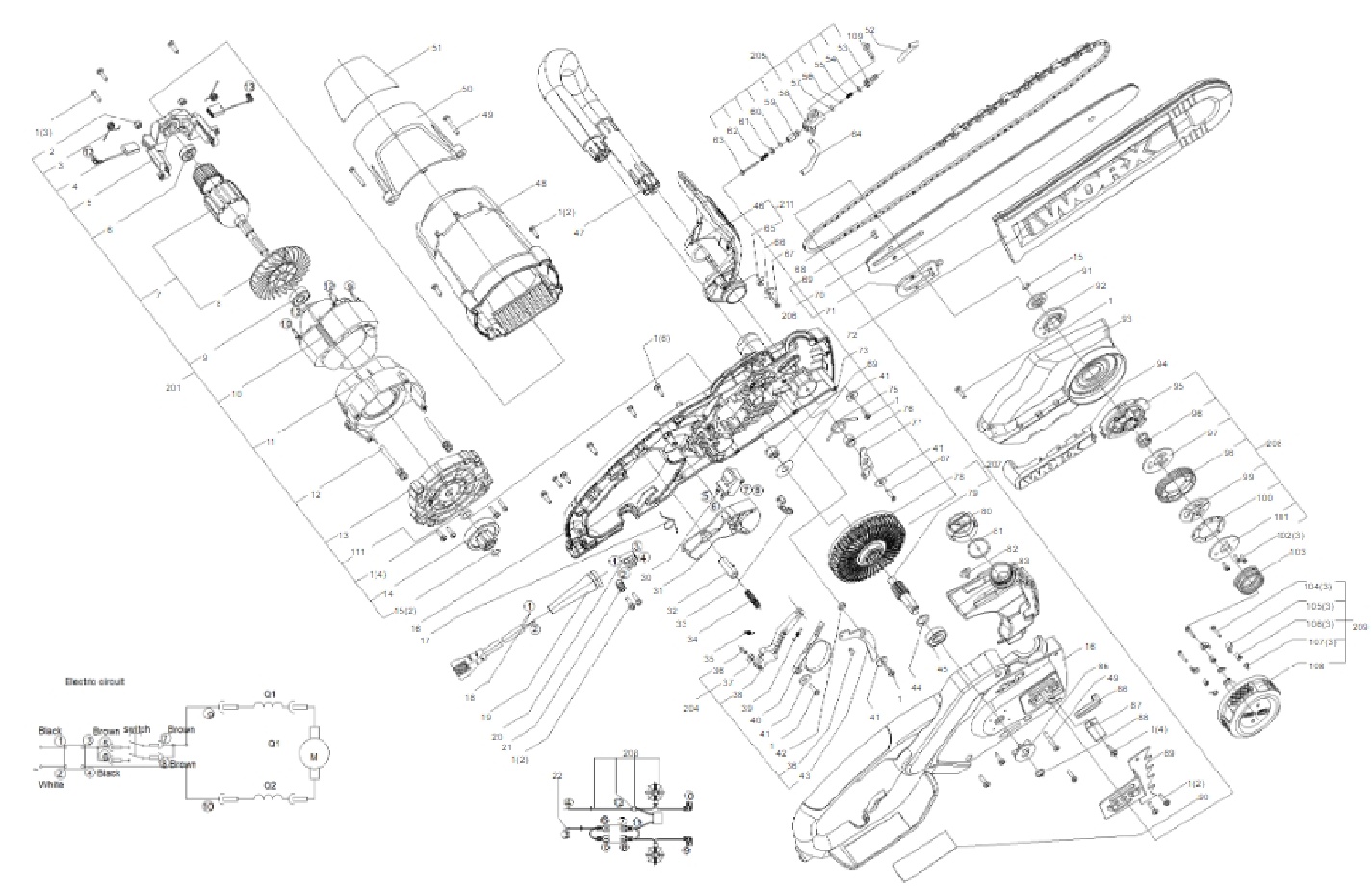 Покажи схему пила Ersatzteile und Zeichnung von Worx AC Garden Chain Saw WG300E