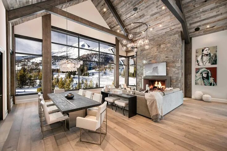 Покажите интерьеры домов Rustic Elegance in MONTANA Mountain home interiors, Modern rustic living room, M