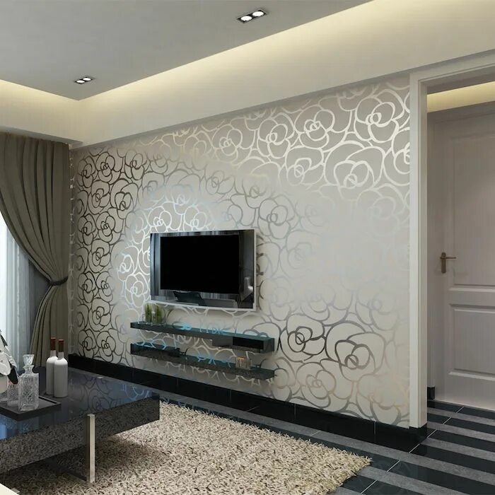 Поклейка гостиной фото white and silver floral wallpaper, wallpaper accent wall, grey and black stripe.