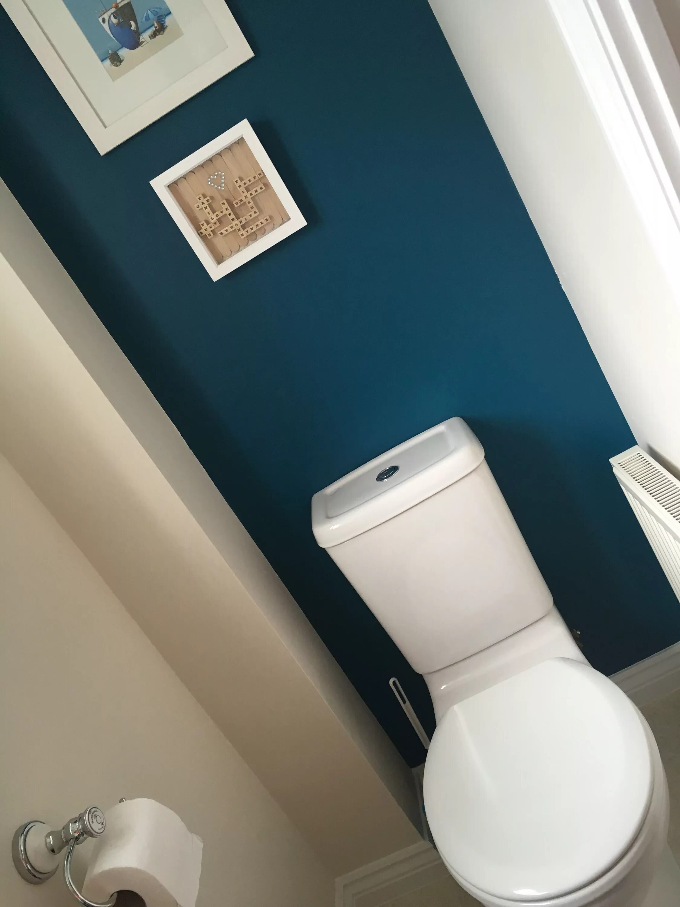 Покрашенный туалет в квартире фото Dulux teal tension, Dunelm vintage toilet roll holder and artwork. Wallpaper acc