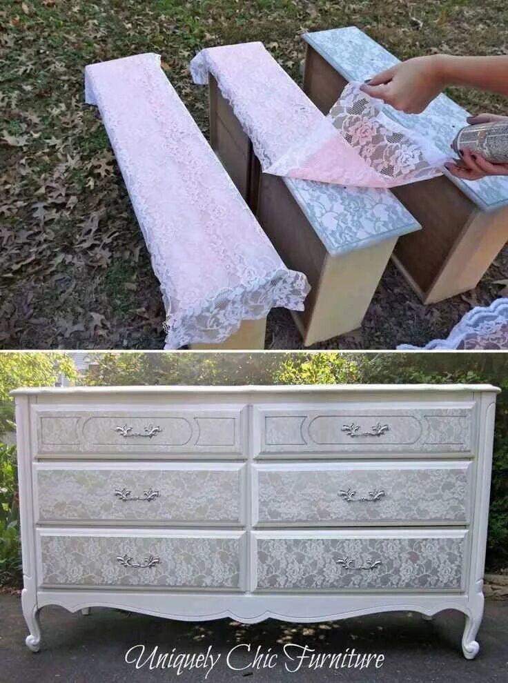 Покрасить мебель своими руками в домашних Detalle en encaje Lace painted furniture, Shabby chic diy, Furniture makeover