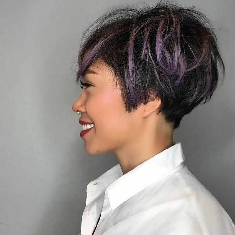 Покраска короткой стрижки All sizes Messy Graduated Pixie on Black Hair with Purple Highlighted Fringe Fli