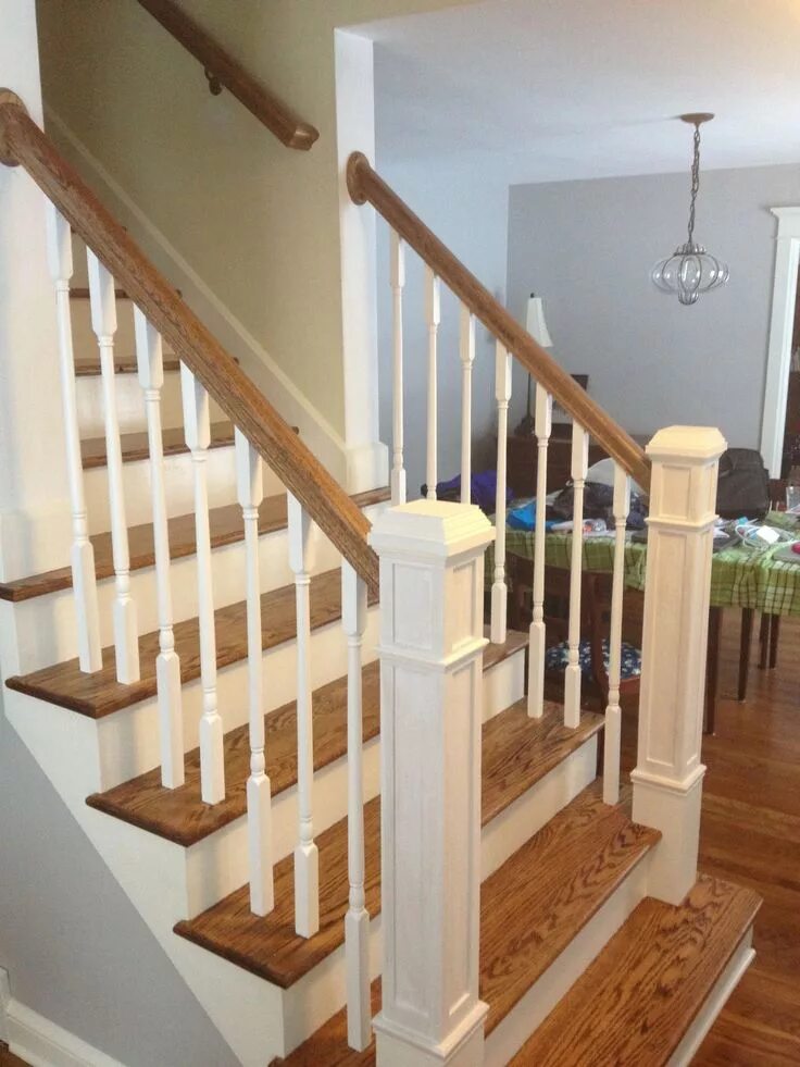 Покраска лестницы из дерева фото Newel Post Redo Refinished The Stairs Painted The Risers And Used Painted stairs