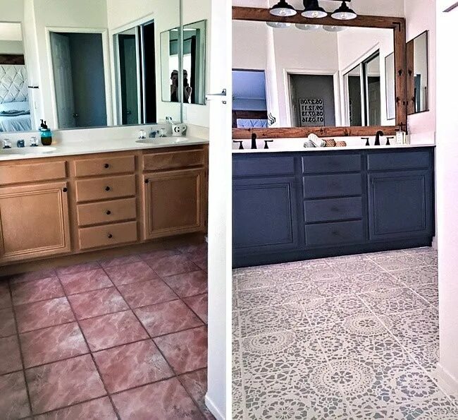 Guest (Sara's) Bathroom Makeover! Tile floors painted in chalk paint & spray pai