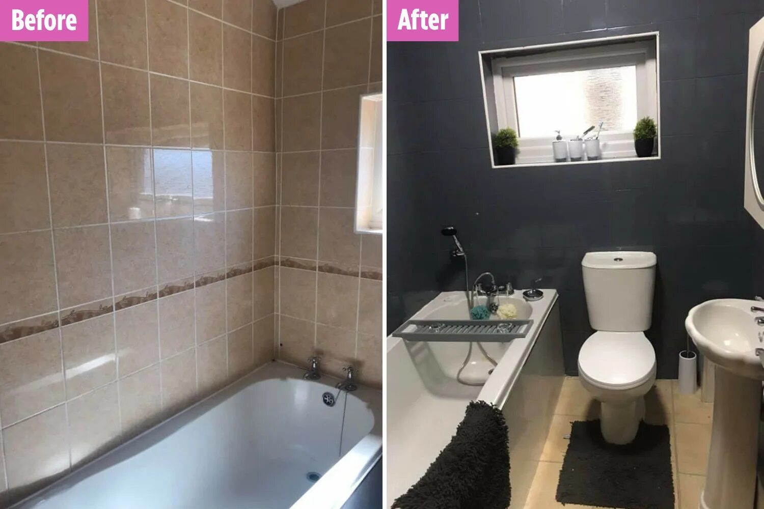 Покраска плитки в ванной фото Woman overhauls her ordinary bathroom using £ 15 Wilko paint and the difference 