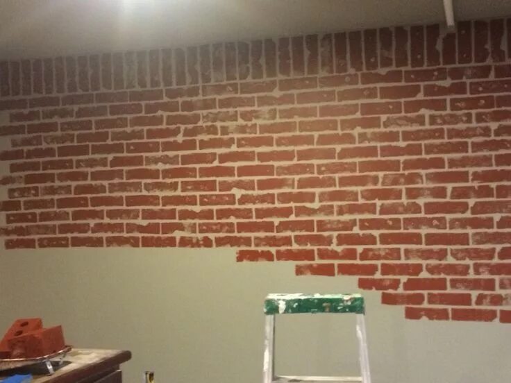 Покраска под кирпич фото Faux brick wall in progress. Painted wall grey, then used dollar store car washi