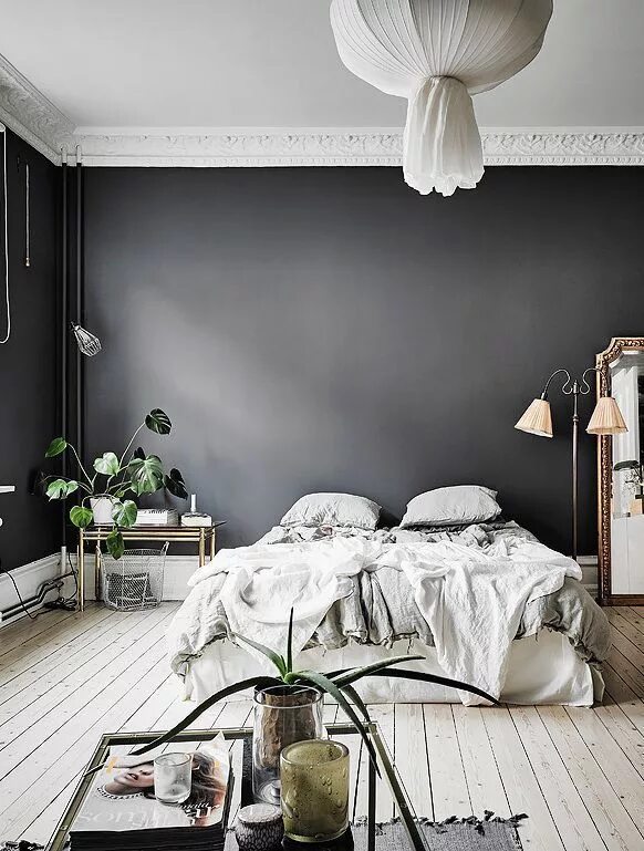 Покраска стен серый оттенок интерьер Black walls - COCO LAPINE DESIGN Серые стены в спальне, Красочная спальня, Гости