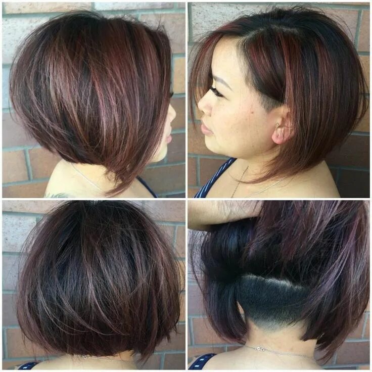 Покраска стрижки каре Chic Undercut Stacked Bob on Dark Hair with Burgundy Highlights - The Latest Hai