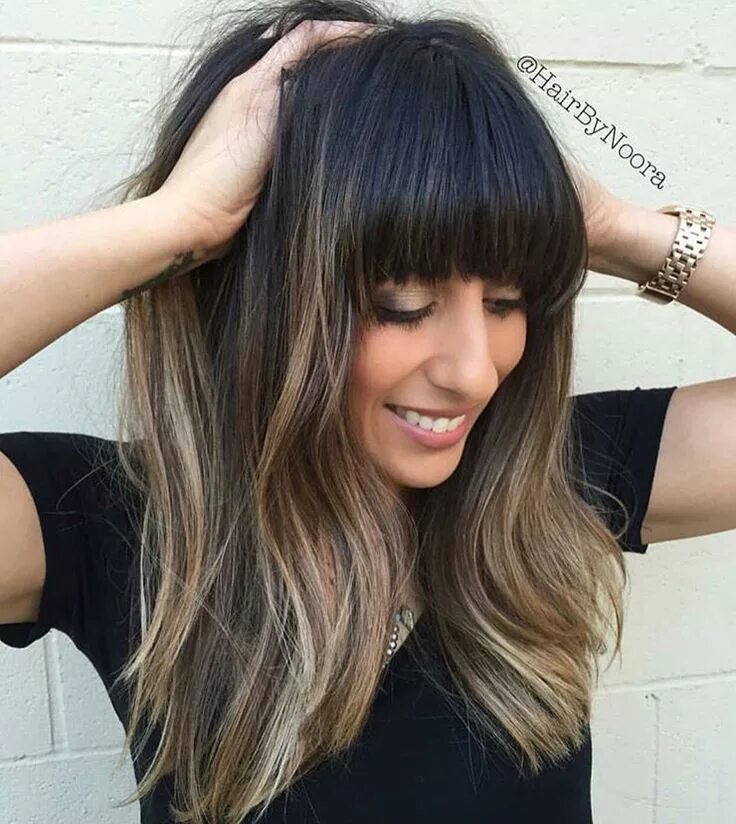 Покраска волос с челкой фото Dark, cool ombré w bangs Long hair with bangs, Haircuts for long hair, Long laye