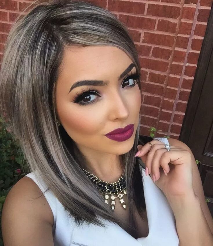 Покраска волос цвета фото на средние Ash Blonde and Gray Balayage for Brunettes Brown hair with silver highlights, Ha