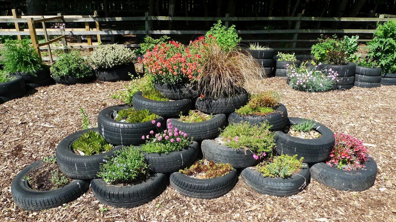 Покрышки на даче фото Tyre Garden at Nature's World Garden ideas driveway, Sensory garden, Tire garden