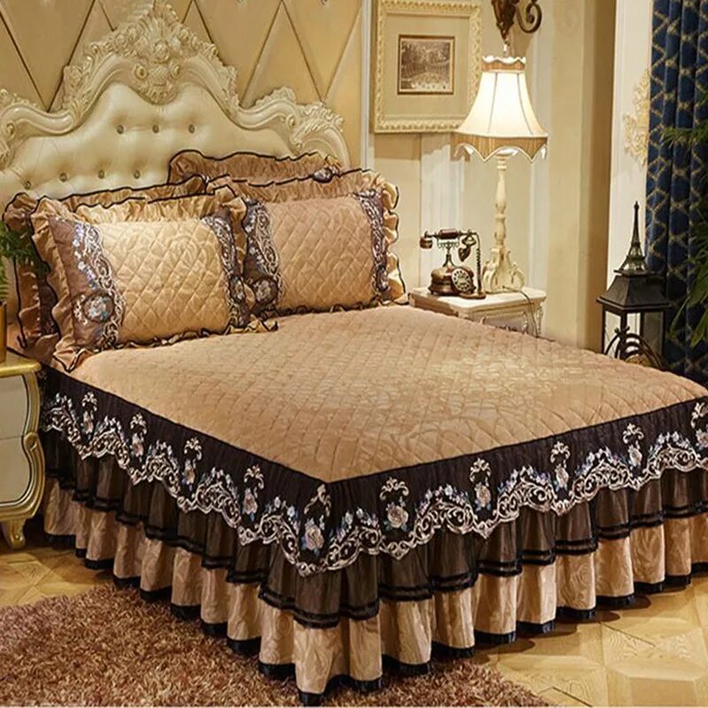 Покрывала на 2 спальную кровать фото free shipping crystal velvet lace skirted bed cover 3pcs quality thick cotton be