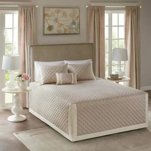 Покрывало фото интерьере на кровать BEAUTIFUL ELEGANT CHIC XXL IVORY TAUPE CLASSIC FITTED SOFT BEDSPREAD QUILT SET e